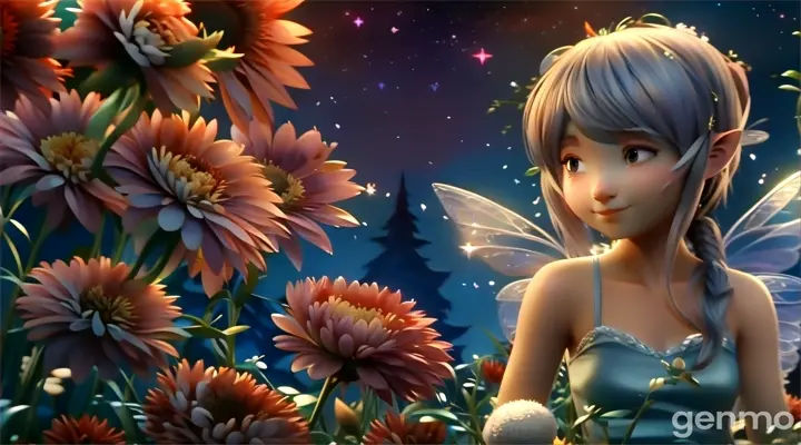 a fairy sitting in a field of flowers