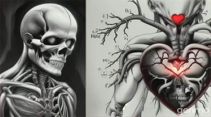 ### Scene 13: The Professor’s Death
20. **Image Prompt:** Different theories about his death (heart failure, suicide).
    - **Description:** A split image showing a heart failure and a ghostly figure, representing the different theories about his death.
