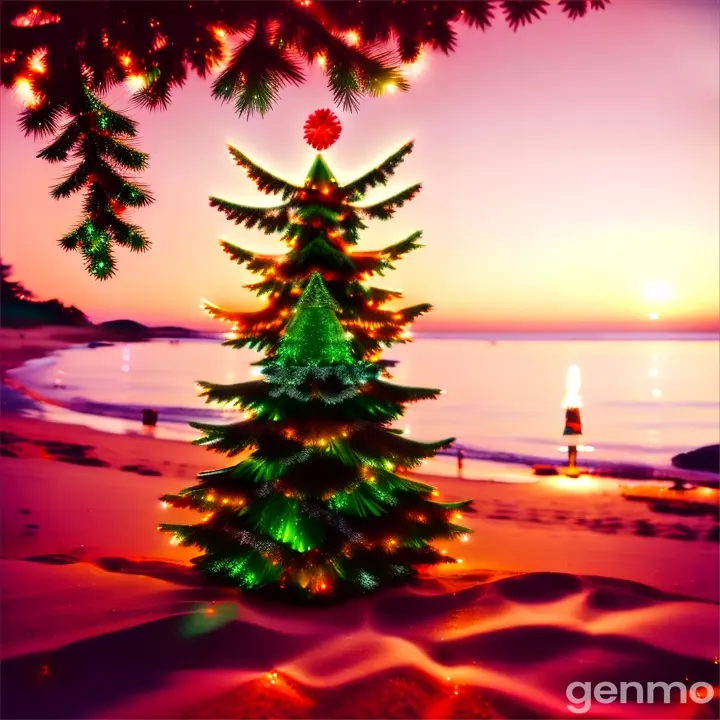 a christmas tree is lit up on the beach