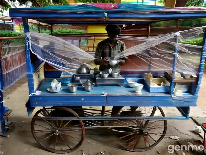 female tea vendor selling tea in wheel trolly in a college campus of south india