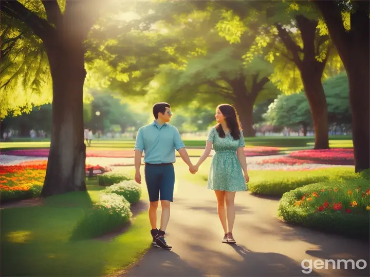 A bright, sunny day with a couple walking hand in hand in a beautiful park. The woman is smiling brightly, her laughter captured mid-moment. This image reflects the lines: