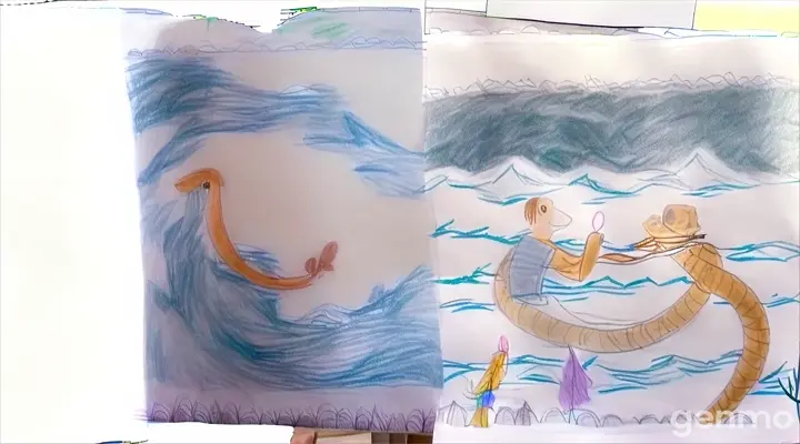a drawing of a man in a boat and another drawing of a man in a