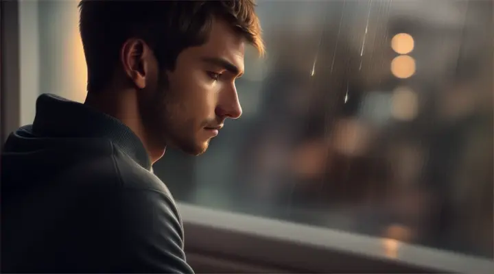 Location: A cozy, dimly lit room.Characters: A young man, casually dressed.Objects: A window with raindrops sliding down, lightning occasionally illuminating the night.Action: The young man sits by the window, listening to the rain with a contemplative look. The room feels warm and inviting despite the storm outside.