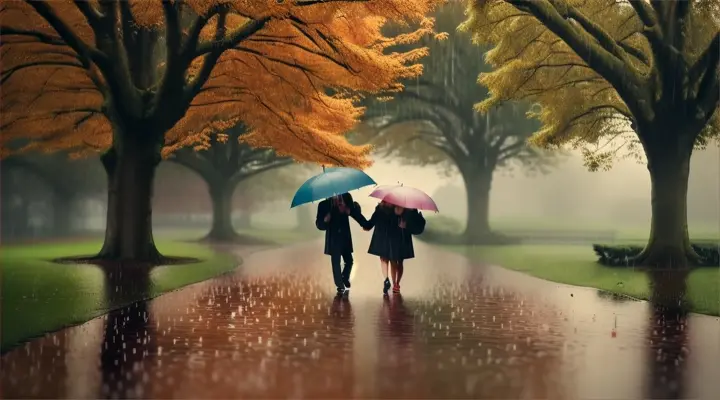 Location: A lush park during the rain.Characters: Children playing and splashing in puddles, a man and woman in love walking hand-in-hand.Objects: Umbrellas, wet benches, vibrant green trees.Action: The camera captures the joy and relief the rain brings to the park, highlighting smiles and laughter despite the storm.