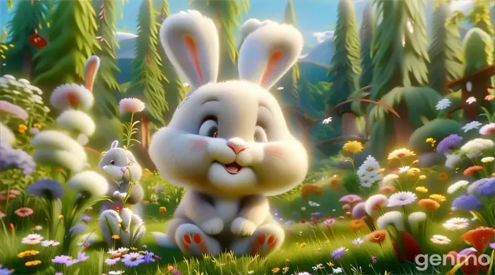 a white rabbit sitting in a field of flowers