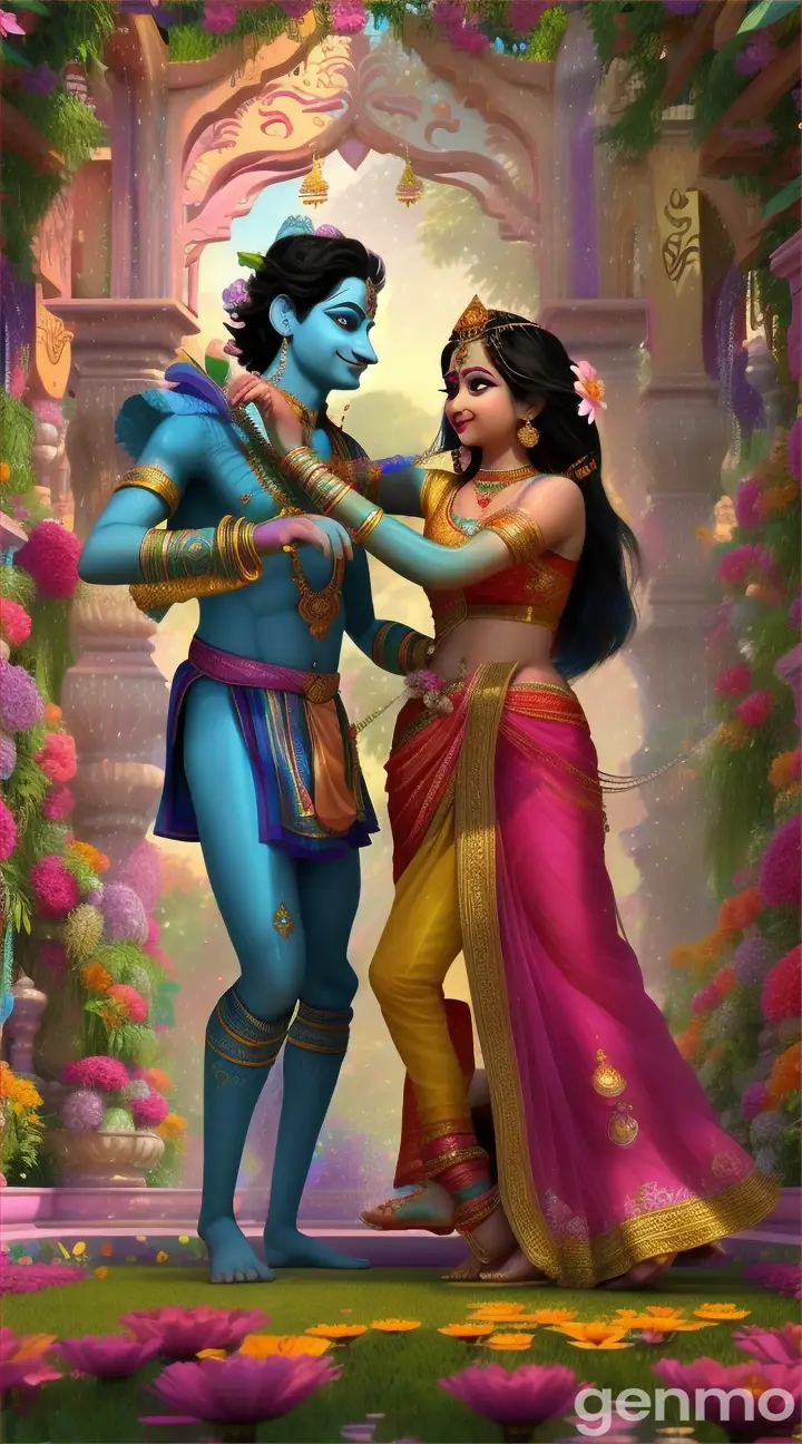 Krishna and Radharani dancing in a magical garden, both are baby, surrounded by colorful flowers and animated creatures, animated 3d, Pixar style cartoon video, perfect prominent features, with high resolution and 9:16 ratio