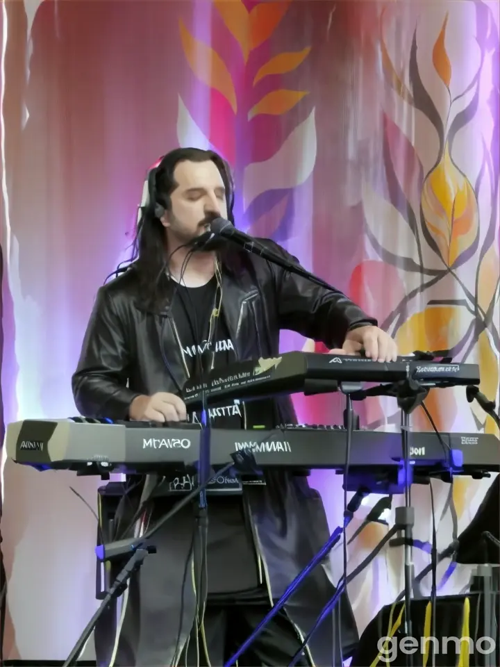 a man standing at a keyboard in front of a microphone