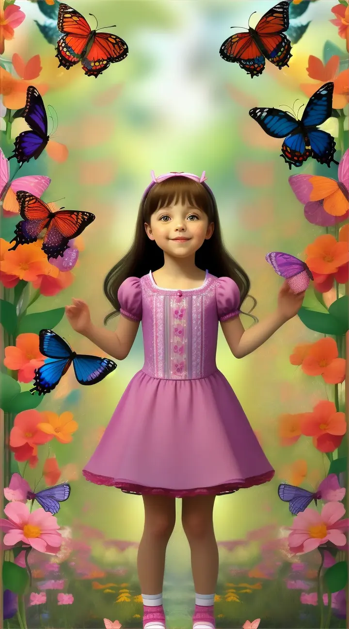 Text on screen with a background of Isabella happily playing in the Butterfly Garden, surrounded by butterflies.