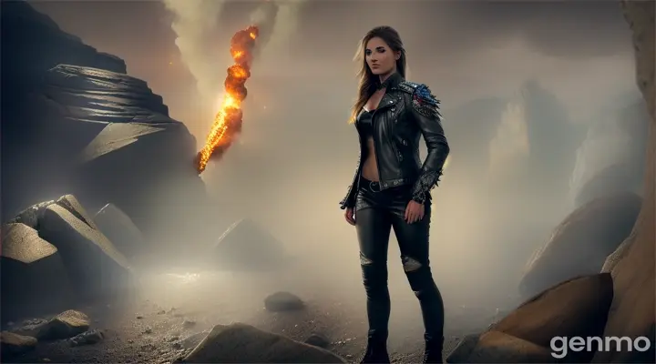 Create a hyper-realistic fantasy image of a young woman emerging from rocks, visible blue veins, looks like rock start, wearing leather jacket. Exposion of rocks, destruction by tornado The scene should be dynamic with intricate details, featuring photorealistic textures, dramatic lighting, and vivid colors. Use a cinematic style with high contrast and sharp focus. Gray details