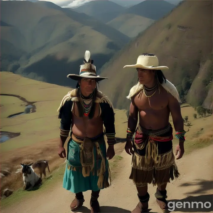 "Create a detailed scene set in the ancient mountains of Boyacá, Colombia, where a mysterious and charismatic foreigner, who is another indigenous person, arrives in Fura and Tena's territory. The foreigner should have an enigmatic presence with distinctive features and traditional indigenous attire, but different from Fura and Tena's tribe. He should be adorned with unique jewelry, possibly with feathers and different styles of gold and emeralds. In the background, show Fura, a beautiful indigenous woman with long flowing hair, wearing a traditional loincloth and adorned with gold and emerald jewelry, and Tena, a strong and courageous indigenous man with short hair, also wearing a loincloth and decorated with gold and emeralds. Both Fura and Tena should look concerned as they observe the foreigner. The lush, green landscape should include vibrant greenery, ancient trees, and majestic mountains, creating a sense of tension and intrigue in the scene.""  Horizontal 16.9