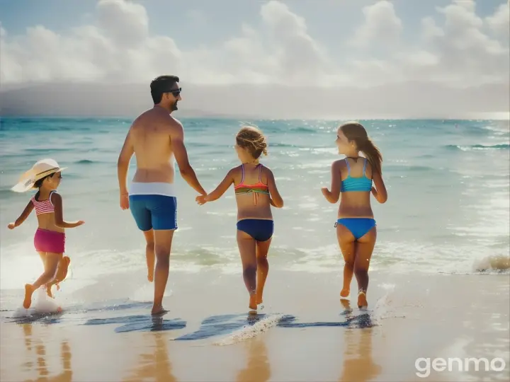 Padre y madre e hija en la playa la arena contentos y corriendo