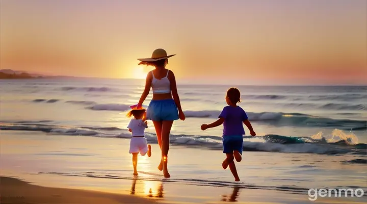 Una pareja y su hija corriendo por una playa, incluyendo olas en acuarela en el fondo.