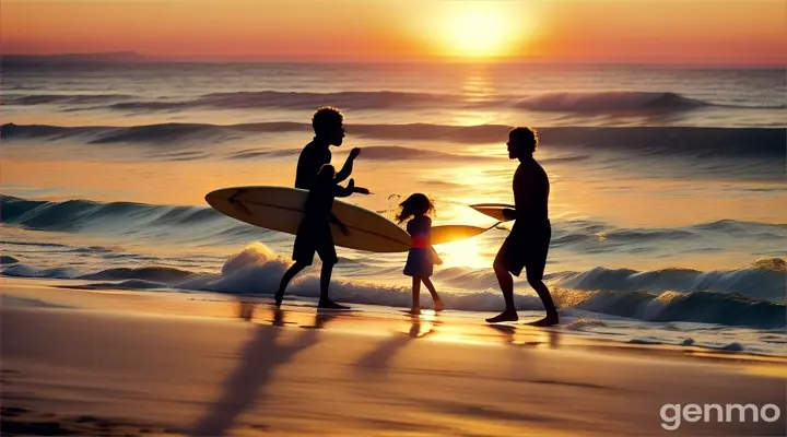 A silhouette of a family playing on the beach during golden hour with rolling waves