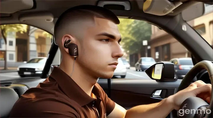 inside the car, a young man with buzz cut hair cut in short sleeve chocolate brown polo shirt wearing in-ear ear buds driving a car at the middle of the city