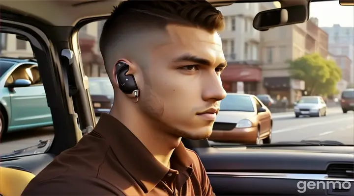 inside the car, a young man with buzz cut hair cut in short sleeve chocolate brown polo shirt wearing in-ear ear buds driving a car at the middle of the city