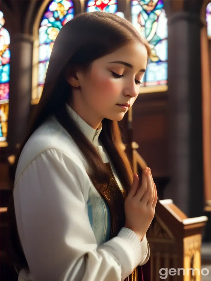 Mujer bonita en una iglesia rezando con expresión de Piedad pidiendo pedir Piedad