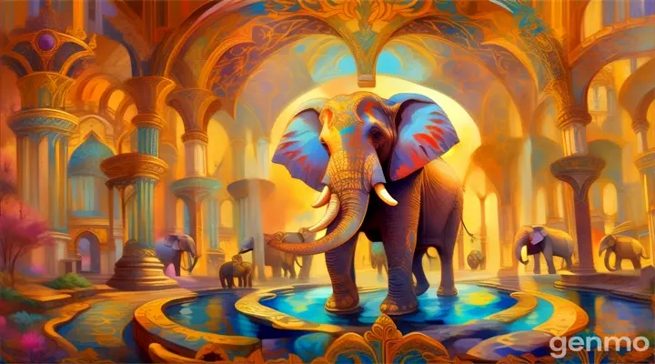 a painting of an elephant standing in front of a fountain