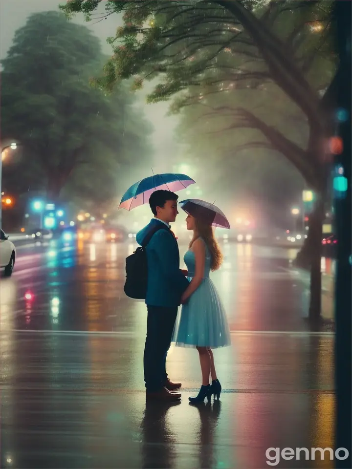 A beautiful girl and a young man on a bright road in the rain, looking at each other from afar 