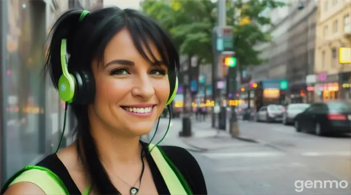 une belle femme de 40 ans, souriante, aux cheveux noirs et aux yeux verts clairs, avec une frange sur le front et une queue de cheval, écoute de la musique avec son casque.