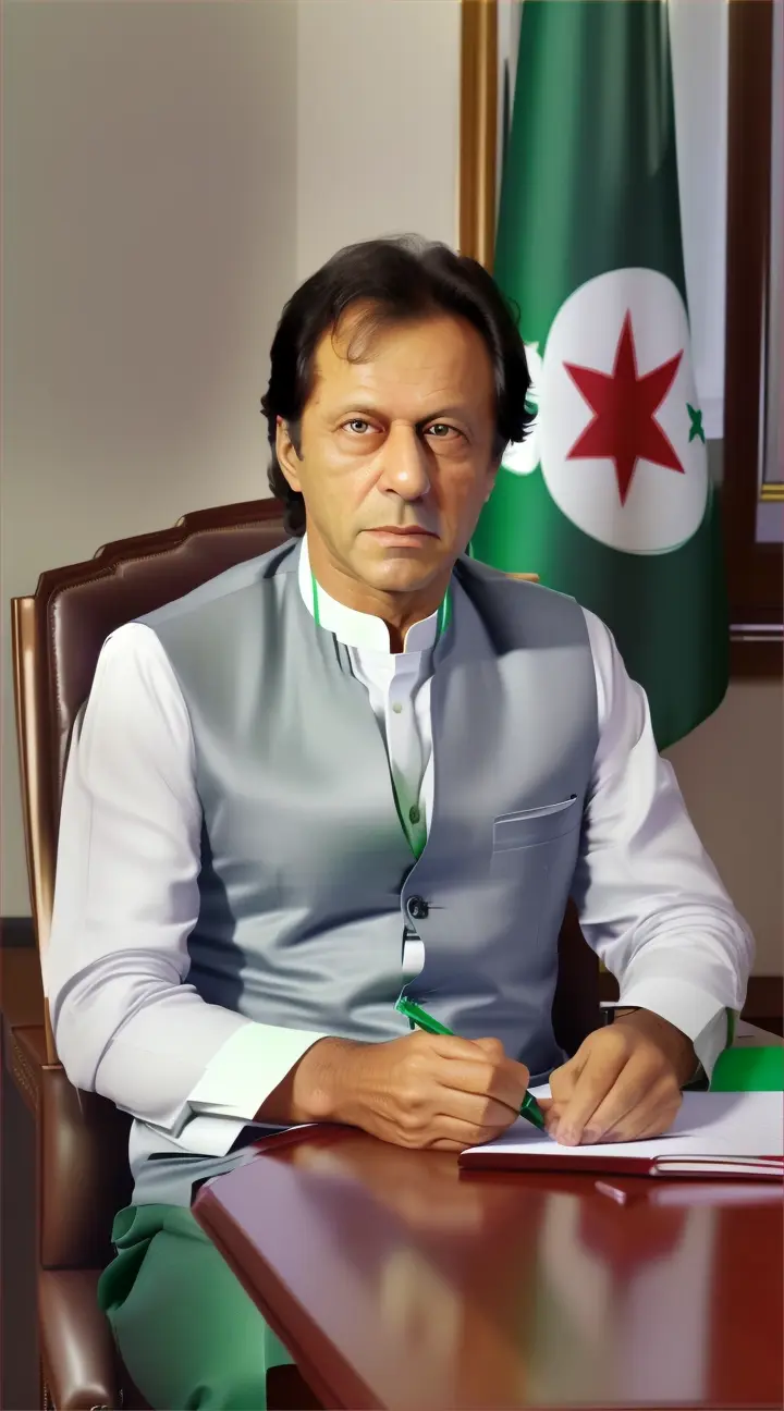 Imran as Prime Minister, working to improve education, healthcare, and the economy.