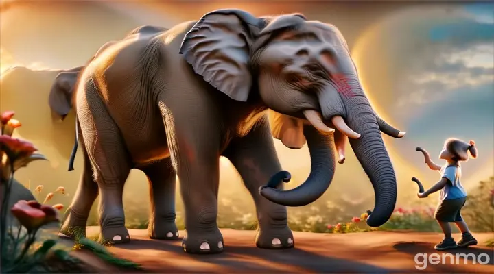 a painting of an elephant and a little girl