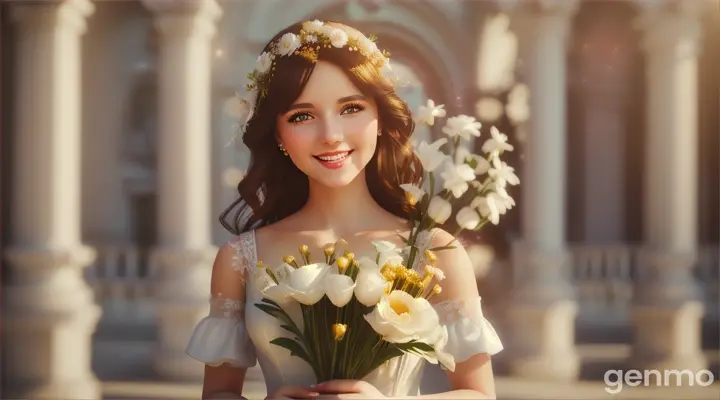 (Young woman in white dress holding bouquet of flowers in hand smiling smiling, STANDING AGAINST WHITE ANTIQUE BUILDING illuminated by sunlight, ) Joyful, sarcastic, teasing smiling attitude. Dynamic, pin-up pose. Empty background. Ultra-realistic, 8k HD, hyper-maximalistic. Golden ratio. Dramatic sunlight, sun flares ((ultra-long exposure)), intricate details on face, body and outfit. 16:9