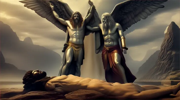 archangel Michael engages in a mysterious dispute with Satan over the body of Moses. SHOW THE GRAVE OF MOSES. SATAN AND ARCH ANGEL MICHAEL DISPUTING. show the 3 people