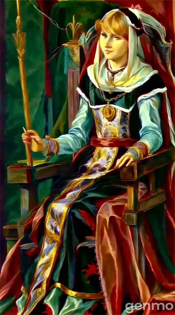 a painting of a woman sitting on a throne