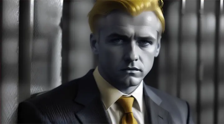 man with yellow hair wearing a blue suite with red tie in jail