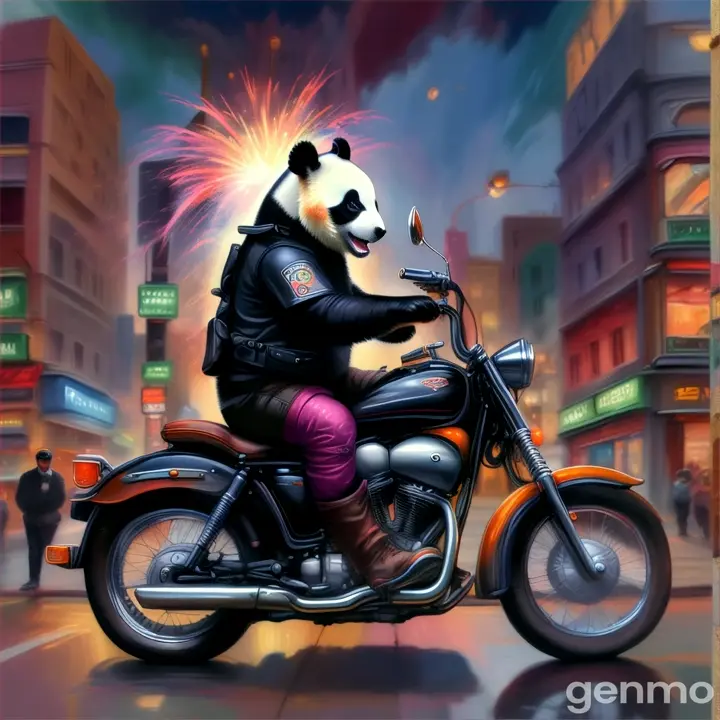 a painting of a panda riding a motorcycle