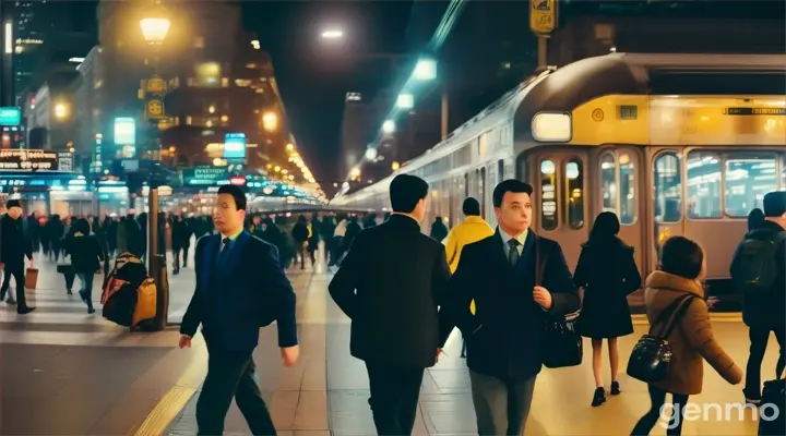 Gente caminando por una ciudad llena de luces todos a trabajar en el subte en trenes