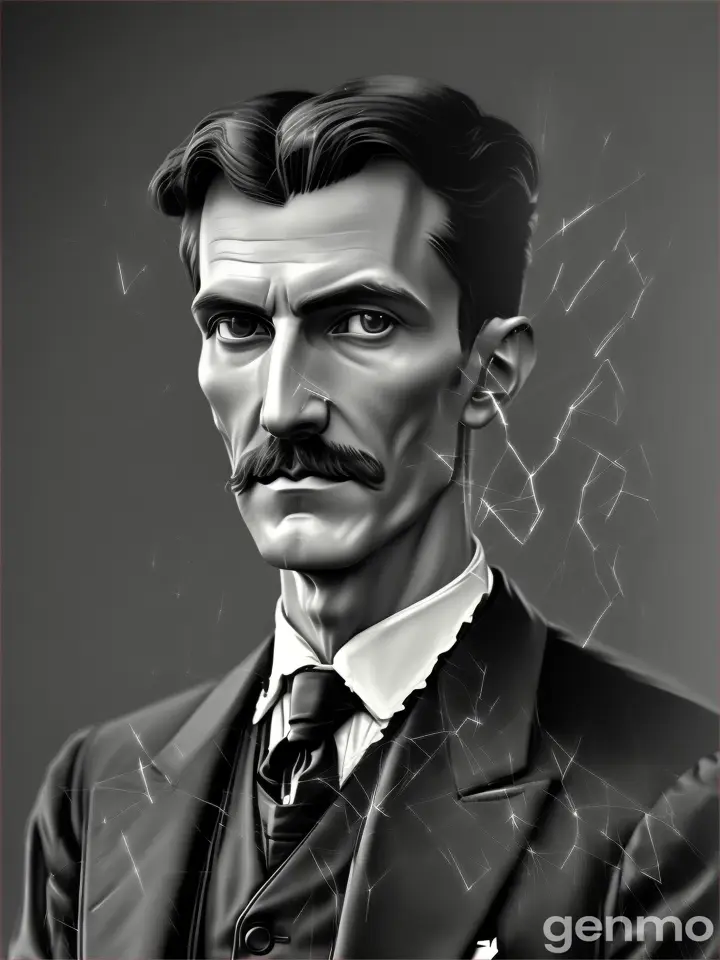 Create an image for an AI character for the given description: Nikola Tesla was a tall, slender man, standing about 6 feet 2 inches (188 cm) in height. He had a distinct appearance with sharp, angular facial features, including high cheekbones and a prominent jawline. His eyes were deep-set and piercing, often described as intense and expressive. Tesla had dark hair, which he wore neatly combed back, and he often sported a well-groomed mustache. He was typically seen in formal attire, favoring tailored suits that added to his dignified and sophisticated look. His demeanor was generally composed and reserved, reflecting his intellectual nature.