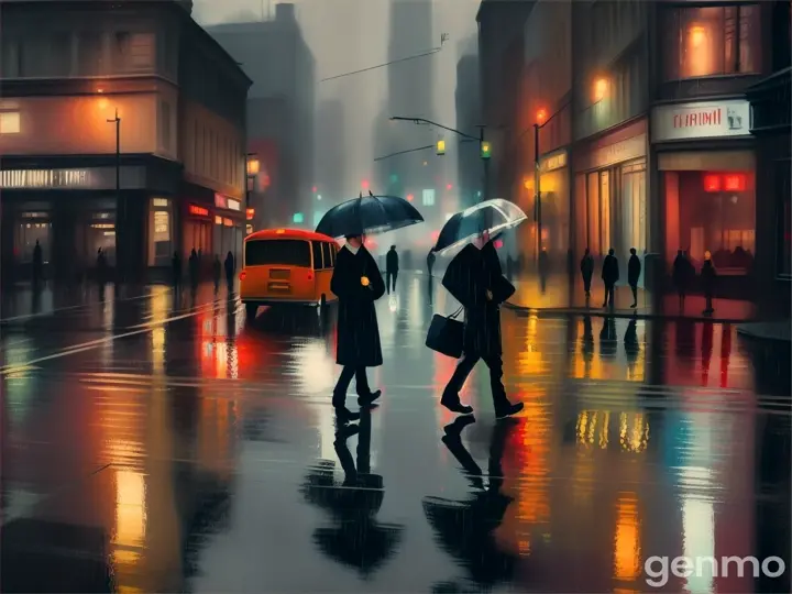 Poignant street scene in rain, gouache on board, capturing reflections and mood with transparency and depth