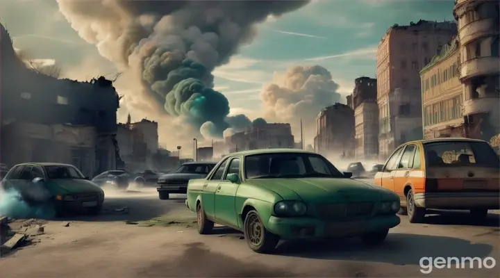 EXT. MOSCOW OUTSKIRTS - MORNING
Mike, Isaac, Lebedev and select others step out of their cars
and observe the wreckage of Moscow ahead of them. It's a
total Hell-zone. A huge circular cloud swirls over the sea of Moscow ruins, glowing green-ish blue. 
MIKE VESELOV
(whispering)
My God...
Three bombers fly through the sky, only to be shot down by a
pair of aerial Umbrans as they enter the city. The group fly
back into Moscow.
ALEKSEY LEBEDEV
(astonished)
My God...
  Hyperrealistic 8K -neg morphing, erratic fluctuation in motion, noisy, bad quality, distorted, poorly drawn, blurry, grainy, low resolution, oversaturated, lack of detail, inconsistent lighting.