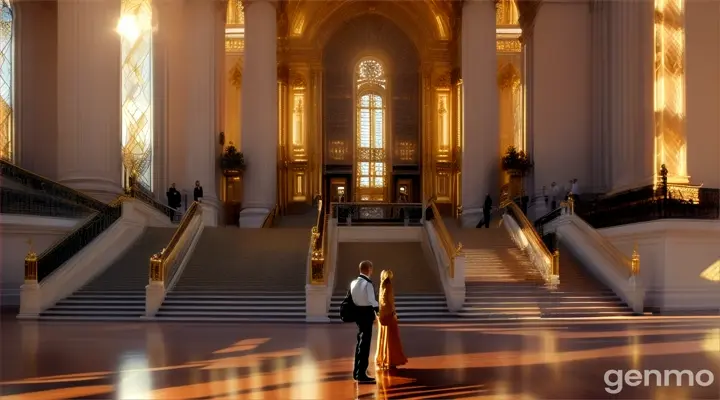 People walking down a staircase during golden hour, with the camera moving for a cinematic effect