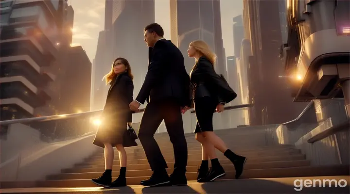 People walking down an urban staircase during golden hour, skyscrapers rising beyond