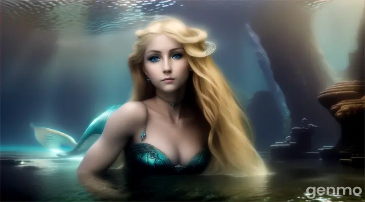 (masterpiece, best quality), close up, A beautiful blonde mermaid with piercing eyes glancing down towards the ground, in the ruins of Atlantis. a dark and moody atmosphere deep depths of the ocean, sea floor, ground, water motion,