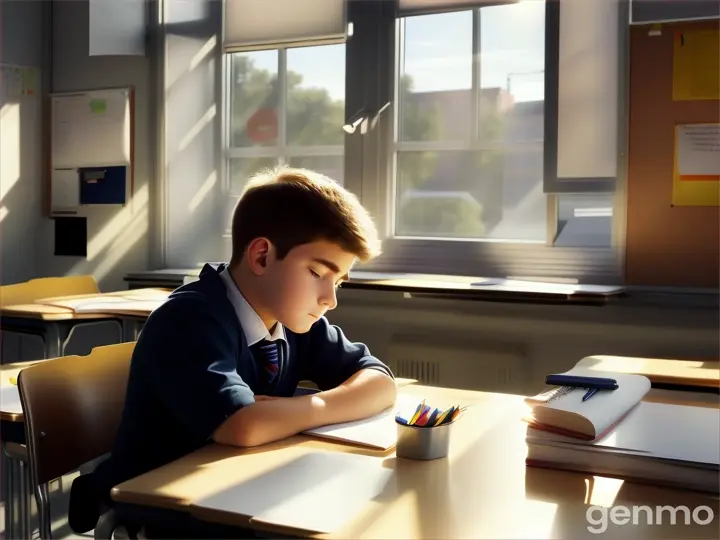 Un niño en la escuela Mirando a la ventana cansado