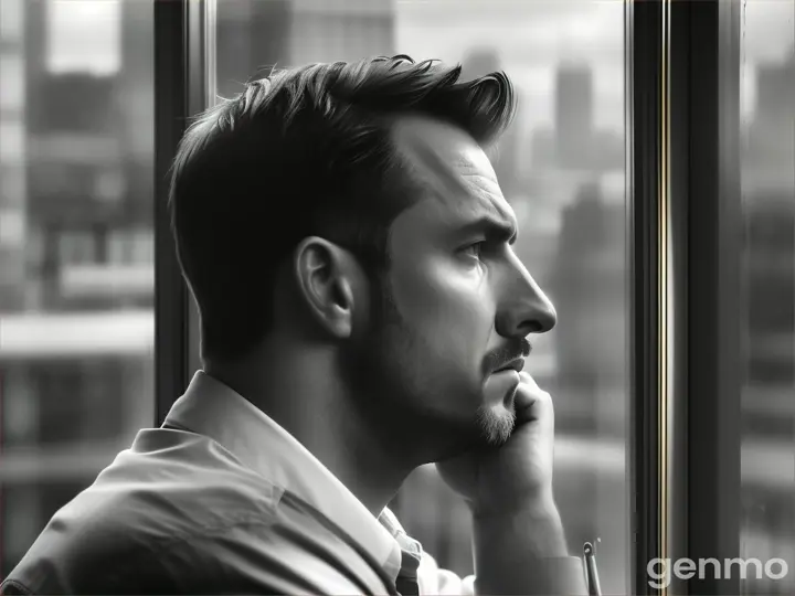 Un hombre Mirando a la ventana cansado en el trabajo