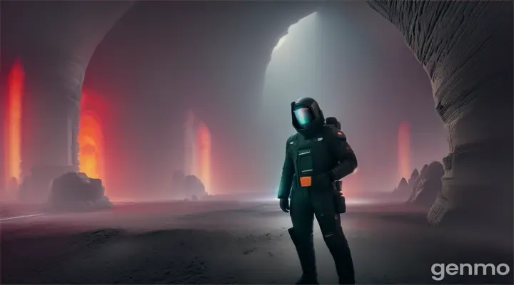 a man dressed with a black high-tigh spacesuite look arround him on an underground alien's ruins with ruined columns under a deep and blinding fog