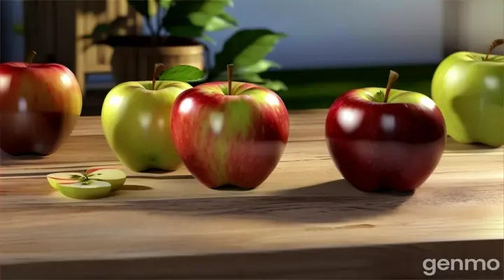 a group of apples sitting on top of a wooden table