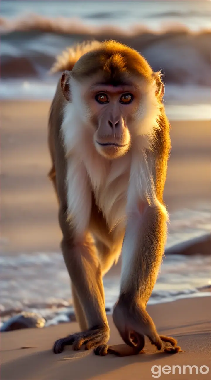 The monkey is walking the beach slowly and doing action 