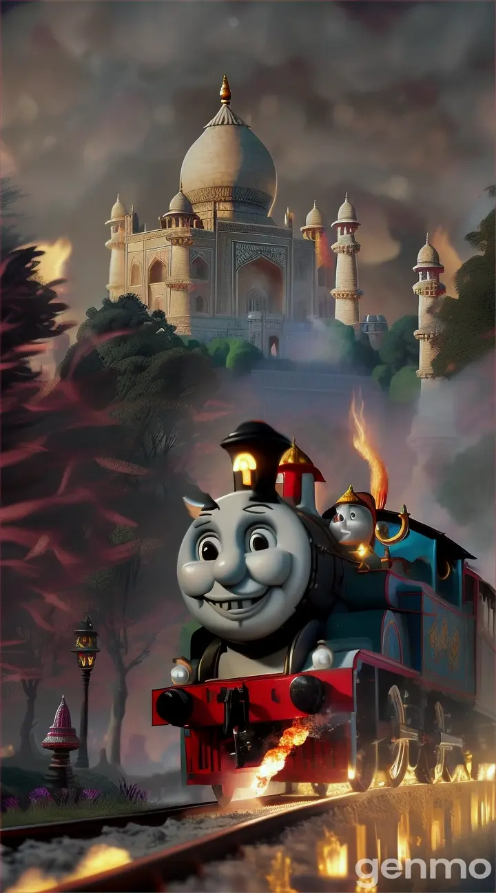 Create a THOMAS THE TRAIN with SHARP TEETH, bull HORNS,FIRE & SMOKE  near Taj mahal in candy land forest