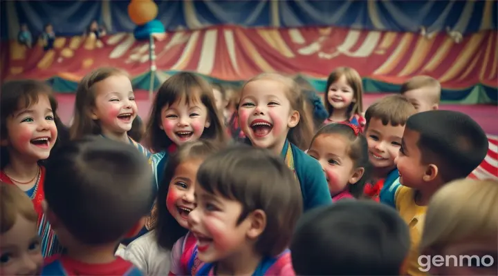 a crowd of children laughing disgustingly while sitting at a circus performance