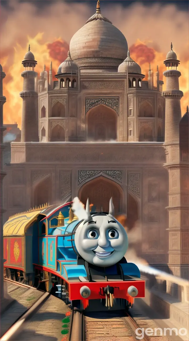 Create a THOMAS THE TRAIN with SHARP TEETH, bull HORNS,FIRE & SMOKE  near Taj mahal, realistic, 4k , 8k, HD, Hyper Detailed, cartoon style.