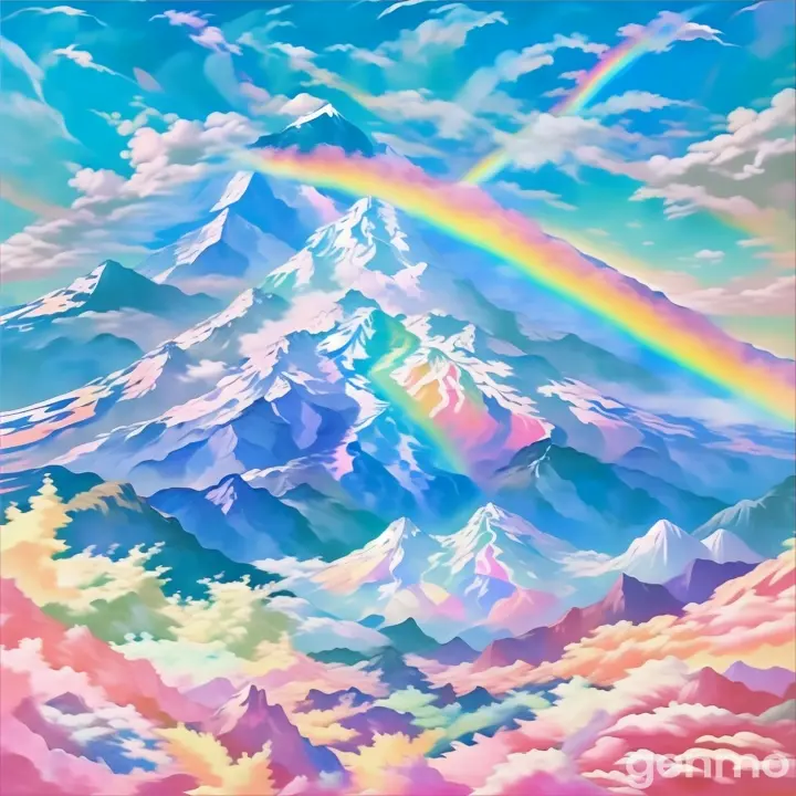 a painting of a mountain with a rainbow in the sky