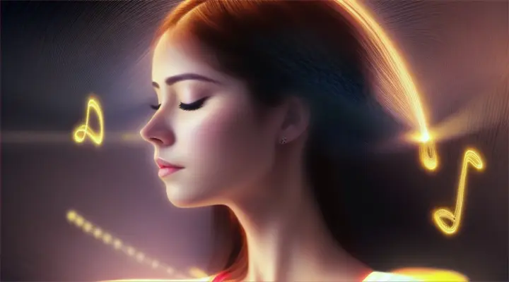 Close-up of a woman's face with a concentrated expression.  Details: Visual representation of the musical notes and rhythms pulsating in the woman's veins, synchronizing with the rhythm of the song.