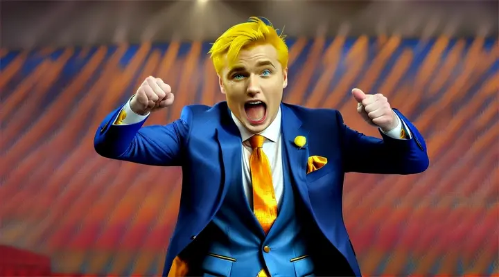 man wearing blue suite with red tie with yellow hair yelling on stage to large crowd