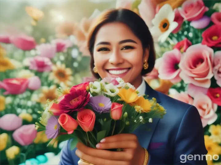 A person holding a bouquet of money and prosperity, surrounded by flowers