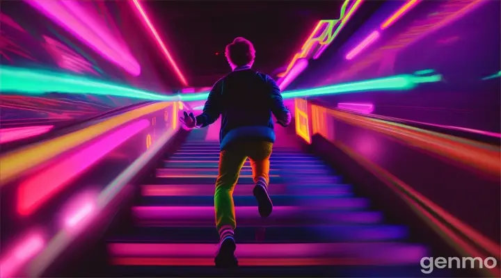 53.	 		**Image Prompt:** William running down the stairs.
a.	**Description:** William racing down the stairs as fast as he can.


create full screen colored video 
